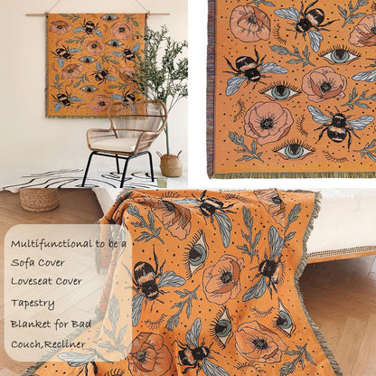 Shesyuki Boho Throw Blanket Reversible Cotton Bohemian Tapestry Hippie Room Decor Double Sided (Boho Bee Yelow 50"x60")