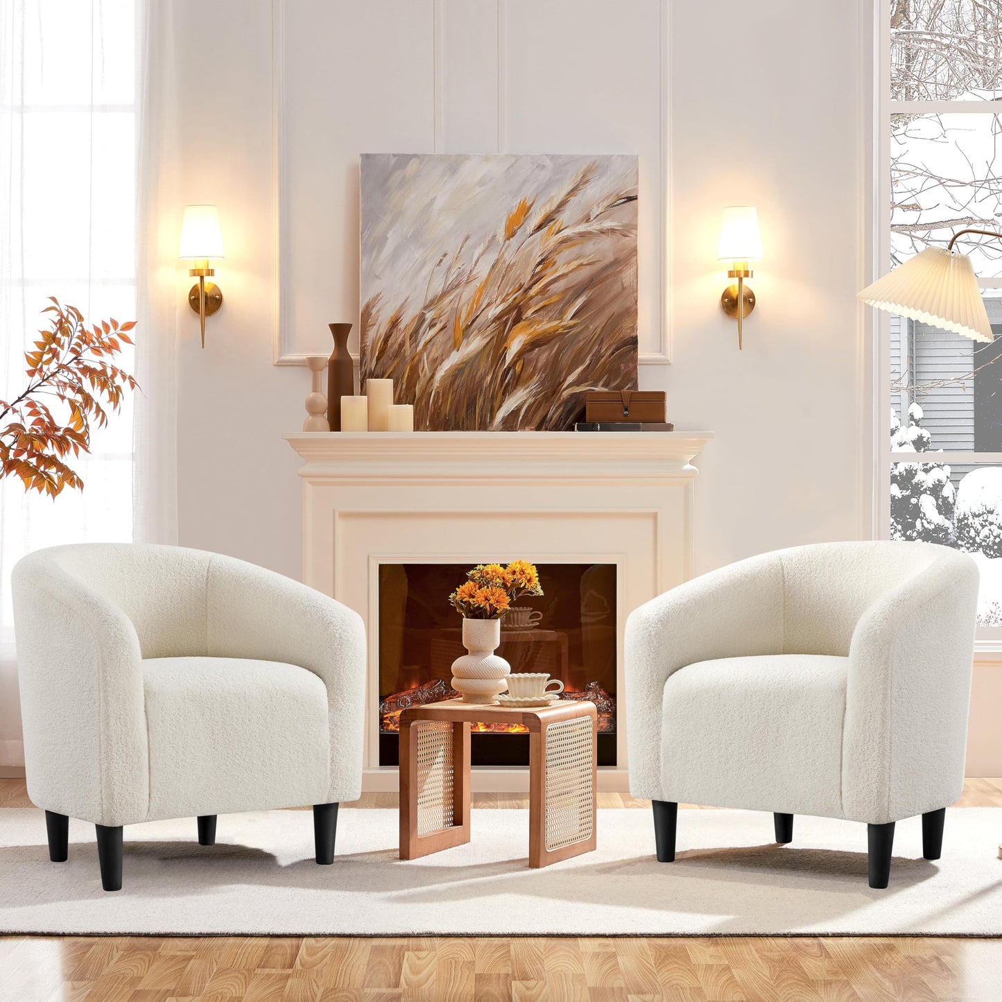 Yaheetech Accent Barrel Chair, Boucle Fabric Club Chair, Furry Sherpa Elegant Armchair with Cozy Soft Padded, Suitable for Living Room Bedroom Reception Room Office, Ivory