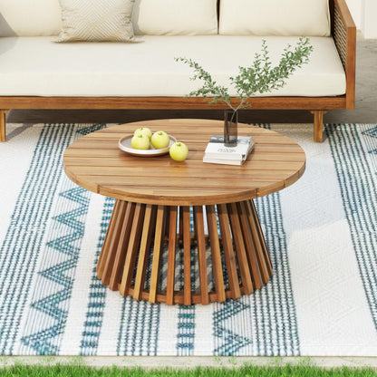 Christopher Knight Home Hakee Acacia Wood Patio Coffee Table, Round Table with Unique Wooden Base for Backyard, Balcony, Stylish Indoor/Outdoor Table, Easy Assembly, 31.5" x 31.5" x 16", Teak