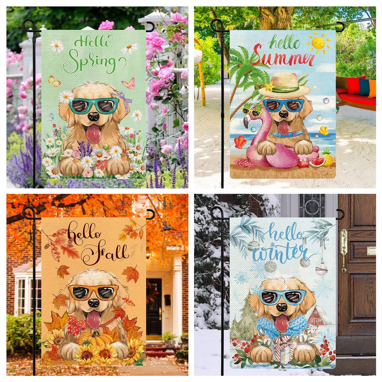 Golden Retriever Seasonal Garden Flags Set of 12, Welcome Seasonal Garden Flags 12x18 Double Sided, Dogs Yard Flags for All Holidays, Fall Winter Halloween Christmas Flag for Outdoor Farmhouse Decor