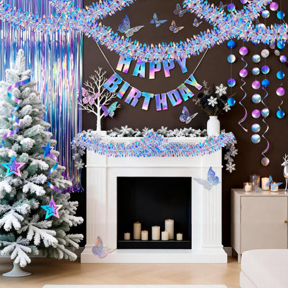 BTSD-home Iridescent Party Decorations, Hanging Honeycomb Balls, Paper Fans & 3D Star Ornaments, Holographic Ceiling Decor for Birthday, Wedding, Baby Shower, Christmas, Disco & Euphoria Theme Parties