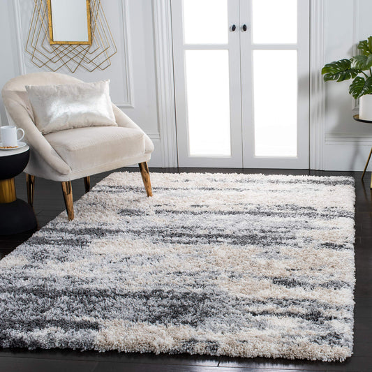 SAFAVIEH Fontana Shag Collection Area Rug - 6'7" x 9', Grey & Ivory, Non-Shedding & Easy to Clean, Plush Thick Pile, Ideal for Living Room, Bedroom, Dining Space (FNT853G)