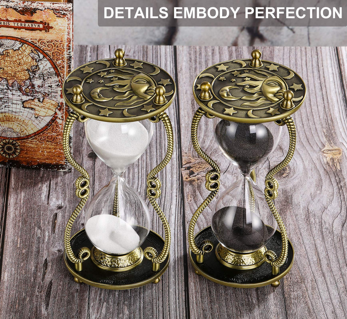 SuLiao Hourglass Sand Timer 60 Minute:Sun and Moon Engraving Brass Sand Clock, Metal White Sand Watch 60 Min,Antique Reloj De Arena 60 Minuots,Large 1 Hour Glass Sandglass for Gift Office Desk Decor
