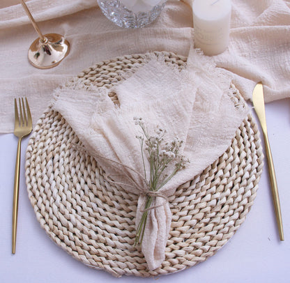 Fall Cloth Napkins with Fringe Set of 12,100% Soft Cotton,Washable Gauze Napkins Great for Weddings Decorative,Dinner Parties,Family Everyday Use (12 Pack, Beige)
