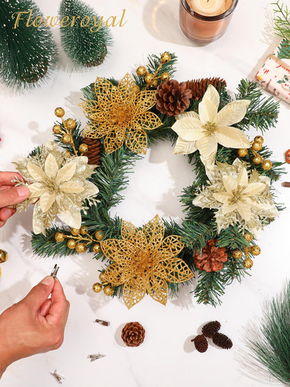 Floweroyal 30pcs Poinsettia Artificial Christmas Flowers Decorations with Clips and Berry Stems Glitter Ornaments for Christmas Tree Wreath Fireplace Stairs Decor (Gold-3 Styles)