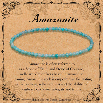 BONNY BOXX Natural Genuine Gemstone Faceted Round Beads Bracelets, 3mm Adjustable Stretchy Tiny Faceted Amazonite Bracelet, Healing Crystal Reiki Chakra Dainty Jewelry Fashion Gifts