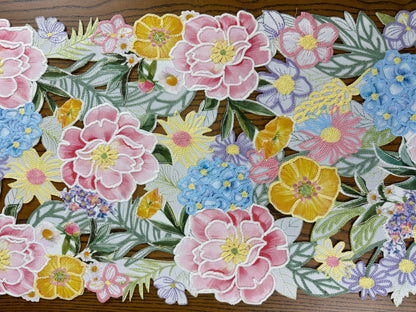 KEVA Floral Spring Table Runner 36inches Long, Flower Cutwork Embroidered Table Runner 13inch x 36inch, Easter Seasonal Spring Table Decorations for Kitchen Dining Table