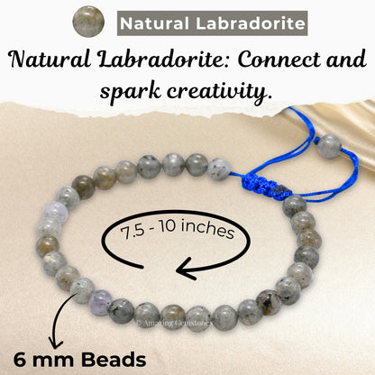 Amazing Gemstone Labradorite Bracelet, Gifts For Men & Women - Protection Healing Crystal Bracelet - 6mm Gemstone Beaded Adjustable Bracelet, Pulseras Para Hombres Mujer Stocking Stuffers