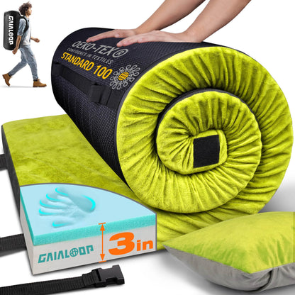 GAIALOOP 3 Inch Memory Foam Camping Mattress, Dual Layer Thick Sleeping Camp Pad for Car Tent Cot, Roll-Up Portable Glamping Floor Bed for Guests Sleepover[Cot: 72 * 24 * 3"]