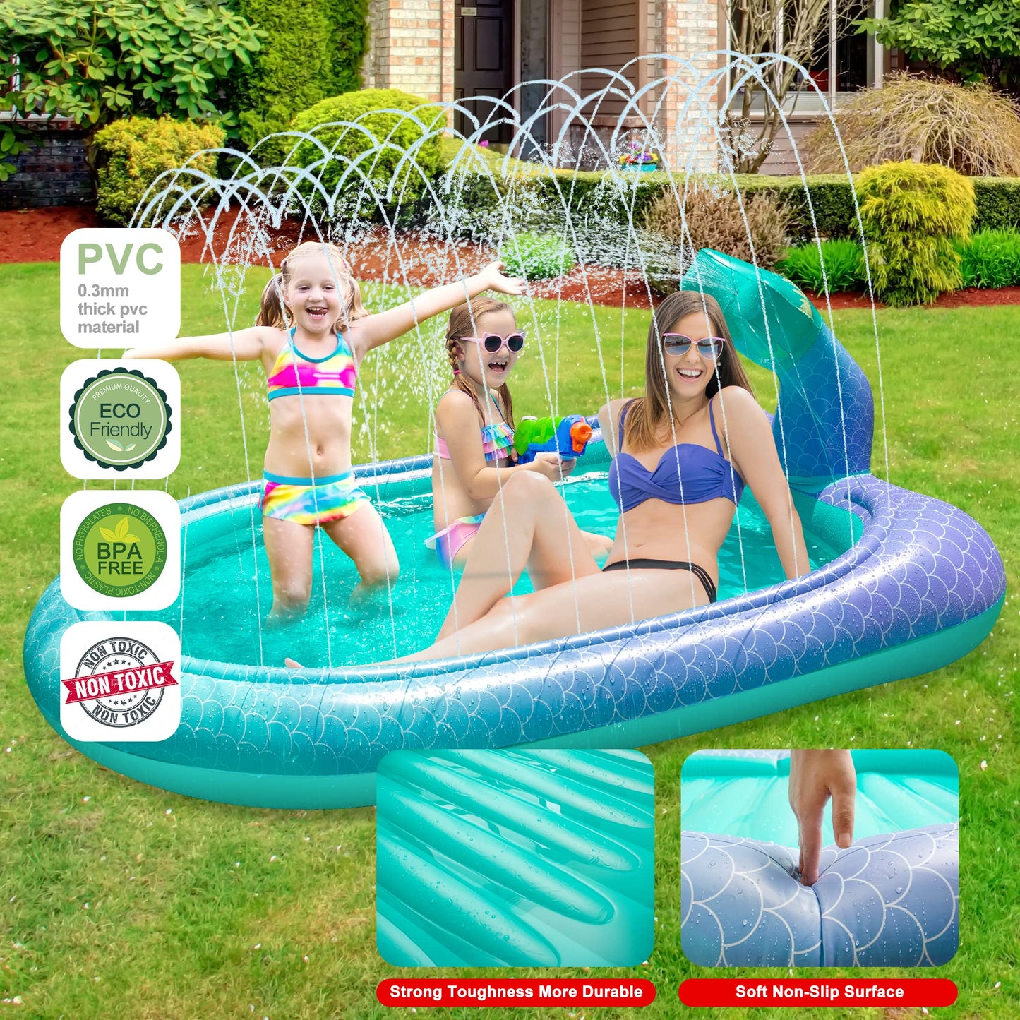 75" Sprinkler & Splash Pad for Kids, Large Outdoor Mermaid Sprinklers Play Mat Summer Water Play Toys Inflatable Sprinkler Pad, Fun Play Pool for Toddlers Babies Over 3 Years Boys Girls