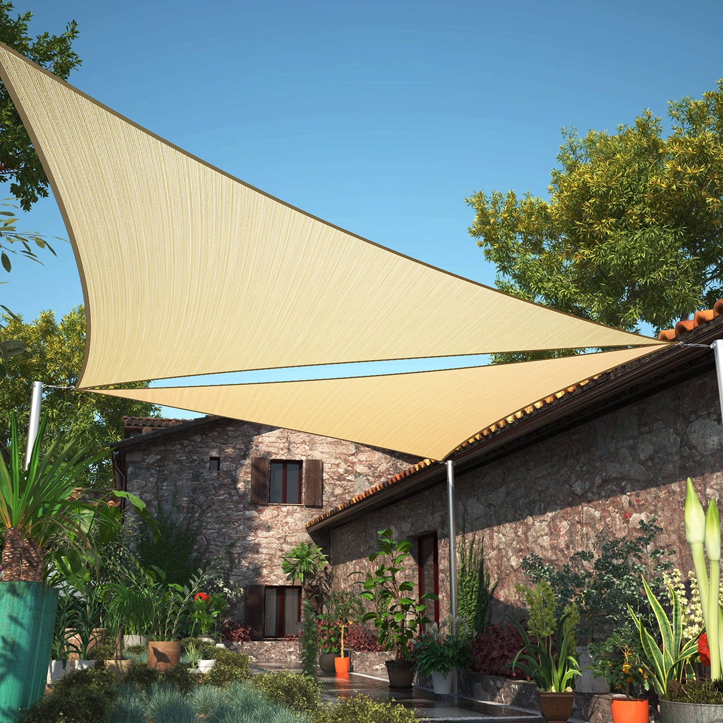 ShadeMart 16' x 16' x 16' Beige Triangle Sun Shade Sail SMSLT Canopy Fabric Cloth Screen, Water Air Permeable & UV Resistant, Heavy Duty, Patio Outdoor - (We Customize Size)