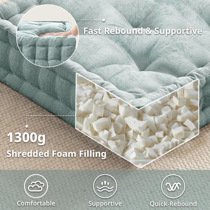 Intelligent Design Large Floor Pillow for Adults Yoga or Meditation Cushion with Handle, Floor Cushion for Board Games, Lustrous Chenille Tufted, Handsewn Scalloped Edge, Azza, 24" x 24" x 5" Aqua