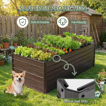 RocVanc Galvanized Raised Garden Beds 6x3x2FT Outdoor Planter Boxes with Safety Edging and Gloves Metal Garden Bed Kit for Vegetables Flower and Fruits (Brown Wood Grain