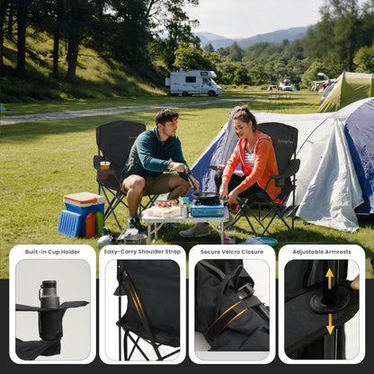 SUNNYFEEL Portable Camping Chair with Side Pockets & Cup Holder 300LBS Capacity Padded Portable Outdoor Chair, Carry Bag Included, Great for Camping, Tailgating, Firepits, Patio, & More Black