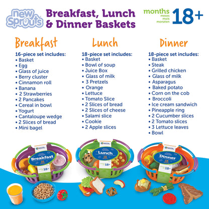 Learning Resources New Sprouts Bundle of Breakfast, Lunch and Dinner - Food Toys, Pretend and Play, Imaginative Skills, Toddlers Kitchen Toys, Fruit and Vegetable Basket, Gifts for Boys and Girls