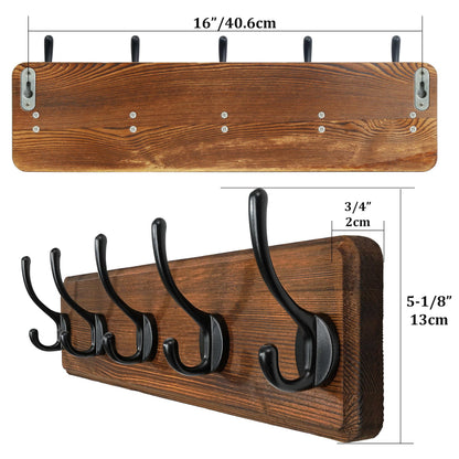 WEBI Coat Rack Wall Mount,Coat Hooks Wall Mounted,16" Hole to Hole,Coat Hanger Wall,Hook Rack Rail,5 Hooks for Hanging Jacket,Clothes,Hats,Rustic Brown