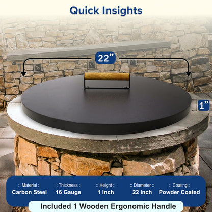 22” firepit lid round for inside up to 20” gas fire pit lid for Outdoor Fireplace Cover Lid Steel fire pit metal cover W/ Wooden Handle & Powder Coated Snuffer Lid for Round Patio Fire Pit Ring