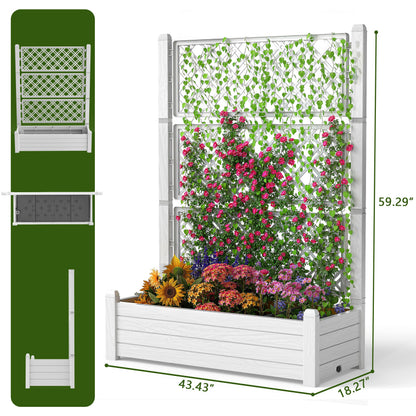 EasyUp Raised Garden Bed with Trellis for Climbing Plants, Outdoor Herb Planter Box with Drainage Plug & Water Gauge, Durable Resin for Patio, Balcony, Yard, Dust-Proof Garden Planter
