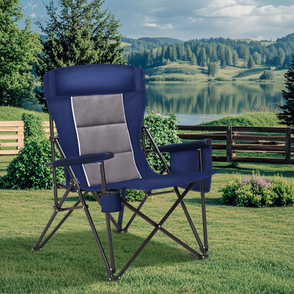 HIGH POINT SPORTS Oversized Camping Chairs for Adults, High Back Heavy Duty Lawn Folding Chair Support 500LBS, Padded Portable Outdoor Chair with Cup Holder, Blue