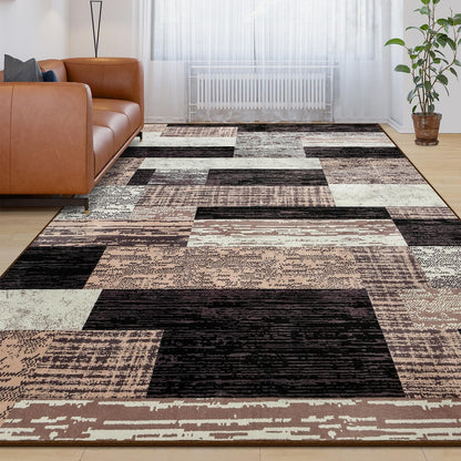 Large Area Rugs,Modern Geometric Patchwork Floor Decor for Bedroom Aesthetic Carpet, Rockwood Collection, Indoor Rugs for Living Room Dining Room Nursery Office Machine Washable Rug, 5x8 Ft Chocolate