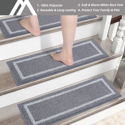 COSY HOMEER Soft Stair Treads Non-Slip Carpet Mat 28inX9in Indoor Stair Runners for Wooden Steps, Stair Rugs for Kids and Dogs, 100% Polyester TPE Backing 10pcs,Grey