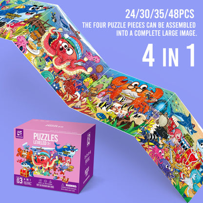Underwater Ocean Puzzles for Kids Ages 3-8，4 Pack Progressive Jigsaw Puzzles (24/30/35/48 Pieces) for Toddlers & Children，Educational Floor Puzzles for Gifts