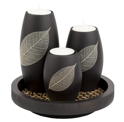 IYARA CRAFT Candle Holder Set with Tray – 3 Handmade Wood Tealight Holders, Black Leaf Design, Winter Home Décor, Spa-Inspired Holiday Centerpiece & Elegant for Women, Mom, Housewarming