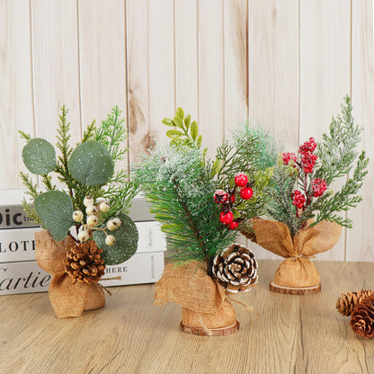 MINDELF 6 PCS Rustic Mini Christmas Tree Tabletop Set, Mixed Green Leaves, Red Berries and Pine Cones, 9 inch Artificial Trees with Burlap Bases, Ideal for Holiday Home Office Table Centerpiece