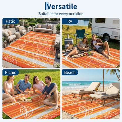 Garvee 6x9 Outdoor Waterproof Rug, Floral Outdoor Area Rug，Reversible Plastic Straw Patio Rug, Portable Camping Mat for RV, Picnic, Beach, Balcony, Garden & Camping Orange