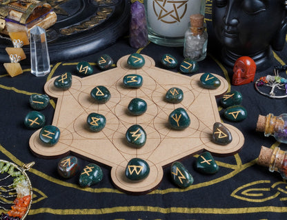 Crocon Green Bloodstone Rune Stones Set Engraved with Elder futhark Crystal Runes Set, Reiki Healing runas for Meditation Chakra Balancing Rune Stone for Beginners with Crystal Guide & Pouch 15-20 mm