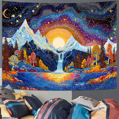 Lunerfex Starry Mountain Waterfall Sunrise Wall Tapestry, Trippy Cosmic Landscape Tapestries for Room Decor, Vibrant Tapestry 60x44 Inch