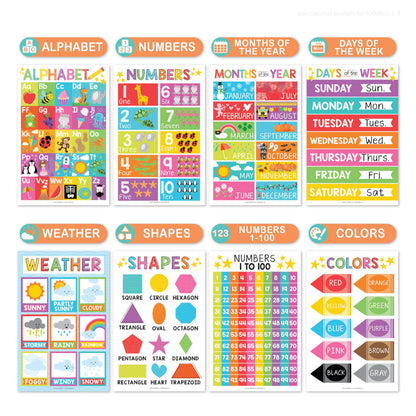 Hadley Designs 16 Educational Posters for Toddler Learning Activities - Alphabet Daycare Essentials, Laminated Pre-K Posters for Toddlers 1-3, Preschool Learning Activities, Rainbow Classroom Decor