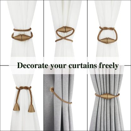 Nieffeiy 2 Pack Magnetic Curtain Tiebacks Rope Modern Handmade Curtain Tie Backs Decorative Drapes Weave Holdbacks for Window Décor, Khaki