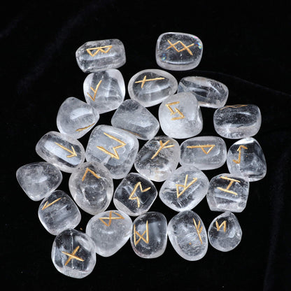 Rune Stones Sets 25 pcs Clear Quartz for Beginners with Elder Futhark Alphabets for Healing Chakra Crystals Reiki feng Shui Gemstone Runes Set Size: 15-20 mm with a Pouch & Rune brochure