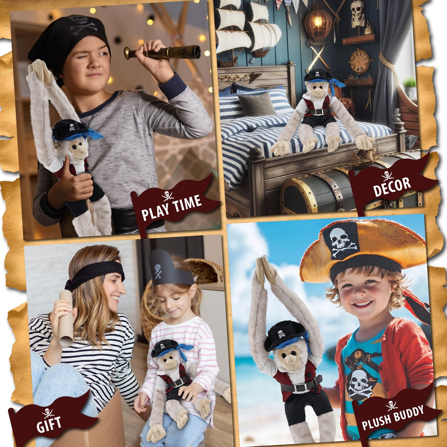 DolliBu Hanging White Squirrel Monkey Stuffed Animal with Pirate Dress Up and Name Personalization - Sea Adventure Plush Toy with Cute Pirate Costume - Hat, Shirt, Pants, Eye Patch, Belt - 21 Inches