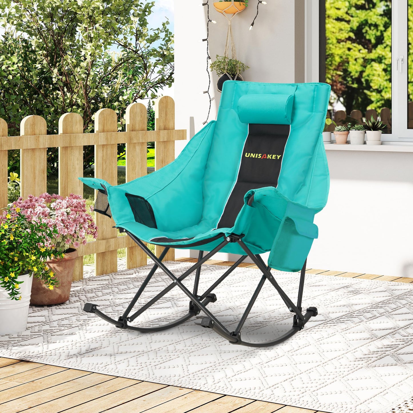 Unisakey Oversized Rocking Camping Chair with Headrest & Cup Holder - 400lbs Capacity, 600D Oxford Fabric, Easy Fold Portable Outdoor Rocker Chair for Camping, Backyard, Beach, Blackgreen