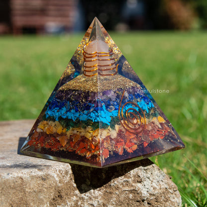 7 Chakra Orgonite Pyramid for Energy Generator Crystal Pyramid for Balancing Energy, Spiritual Alignment | Handmade Orgonite pyramids with Copper Coil and Crystal Quartz for Chakra Protection)