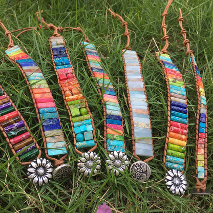 Fashion Gemstone Handmade Jewelry Multicolor Yoga Friendship Boho Leather Rectangle Stone Healing Sunflower Button Wrap Bracelet