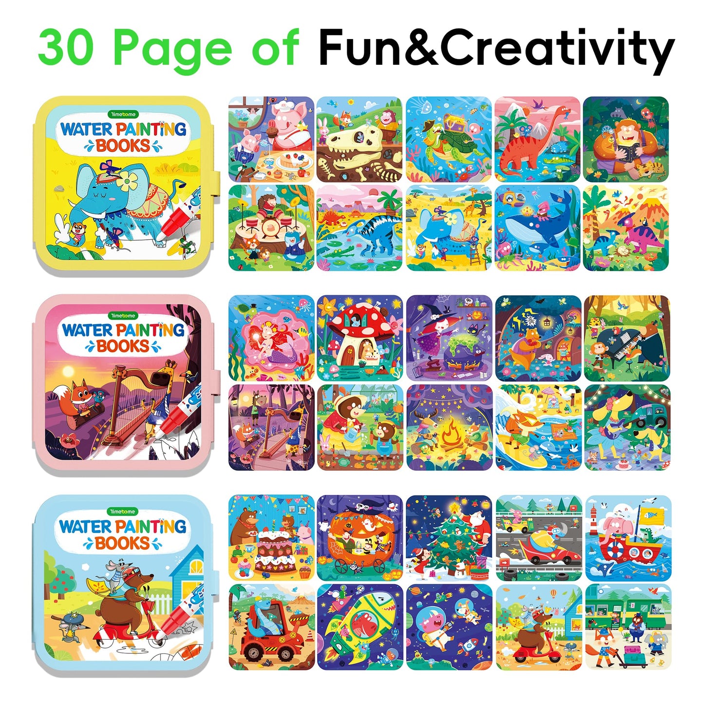 Timetome Reusable Water Painting Books for Kids – 3-Pack Magic Water Reveal Coloring Books with Water Pens (Fairy Tale, Animal & Dinosaur) No-Mess Coloring & Reusable Fun Travel Activity for Ages 3–6