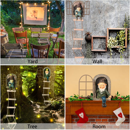 Thyle 4 Pieces Garden Gnomes Outdoor Tree Hugger Gnome Fairy Statue Elf Out the Door Resin Figurine Hanging Ladder Decoration Tree Faces Decor Outdoor for Patio Yard Lawn(Rustic Style)