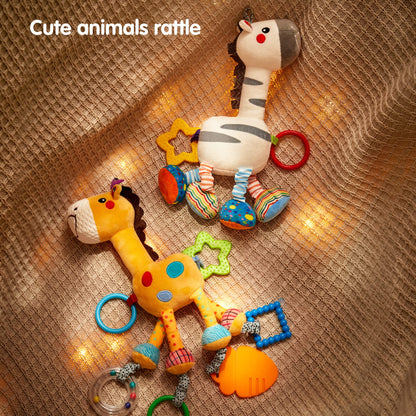 TUMAMA Hanging Toys, 16 inch Plush Animals Baby Rattle, Car Seat Stroller Toys, 2 Pack, Newborn - 12 Months, 2 x Plush Animal Hanging Toys (Giraffe, Zebra), Rings, Built-in Rattles and Crinkles