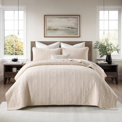 Homzard Quilts Queen Size Bedding Set, 100% Cotton Beige Queen Size Comforter Set,Wave Pattern Bedspread Set,Solid Modern Bedding Coverlet 3 Piece Bed Set, All Season