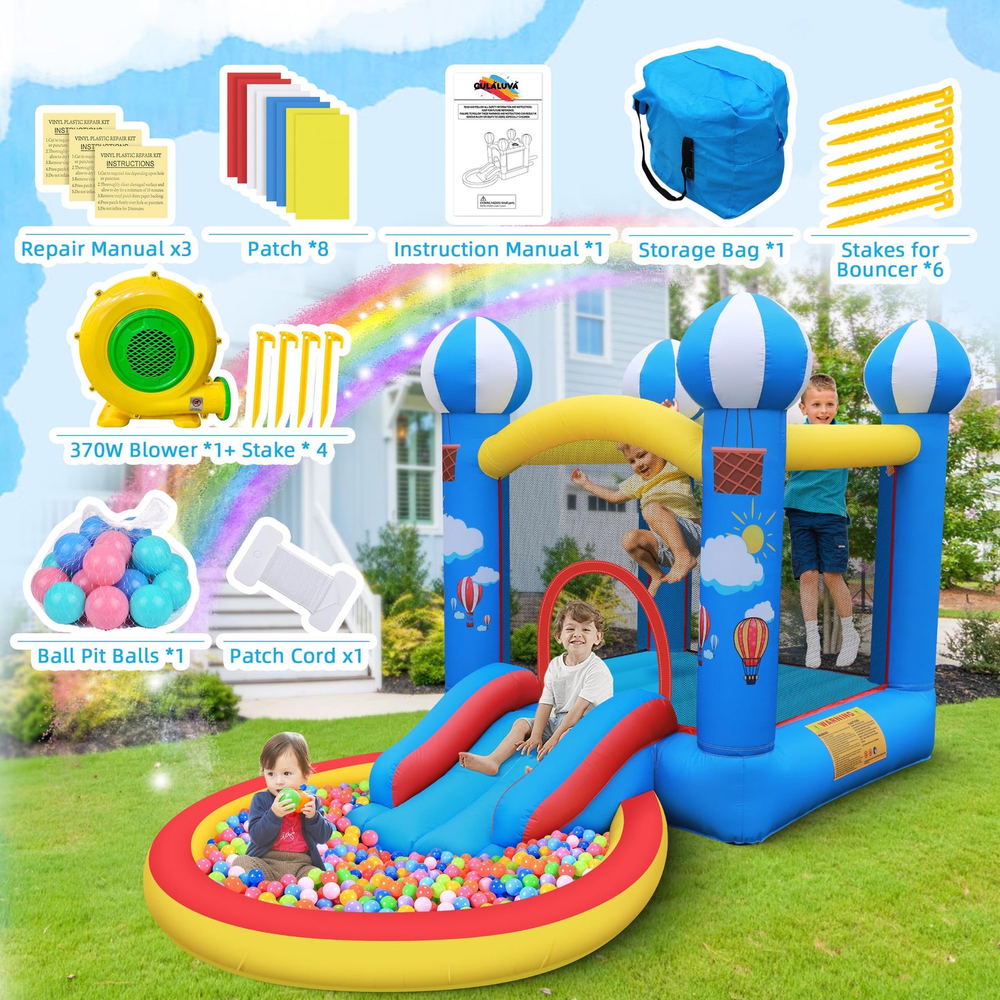 Culaluva Inflatable Bounce House: 4 in 1 Bouncy Castle with Ball Pit & Slide for Kids Age 3-6 with 370 Watt Blower and Storage Bag for Indoor Outdoor Play Oxford Cloth