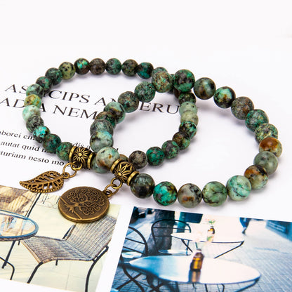Bivei Natural Semi Precious Gemstone Beads Bracelet for Women - Life Tree and Leaf Charm Chakra Energy Anxiety Stretch Bracelets(African Turquoise)