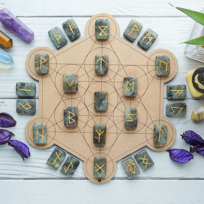 Crocon Labradorite Rectangle Shape Gemstone Rune Stones with Elder Futhark Alphabet Engraved 25 pcs Rune Set Crystal Divination Metaphysical Healing Chakra Reiki Runes Set with a Pouch Size: 21-26mm