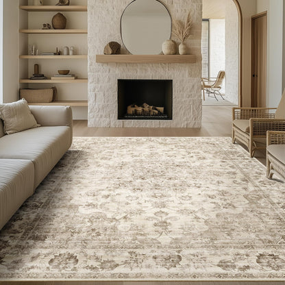 WondRg 8x10 Washable Neutral Area Rug Beige Vintage Living Room Bedroom Carpet Non-Slip Soft Low Pile Farmhouse Indoor Large Throw Rug for Dining Room Office