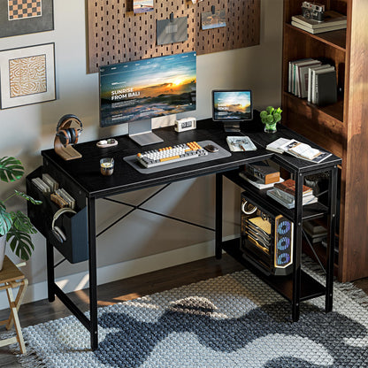 Grandder L Shaped Computer Desk with Reversible Shelves, 47 Inch Small Corner Desk with Storage Bag, Gaming Desk Computer Table Study Writing Table for Home Office Bedroom Small Space, Black
