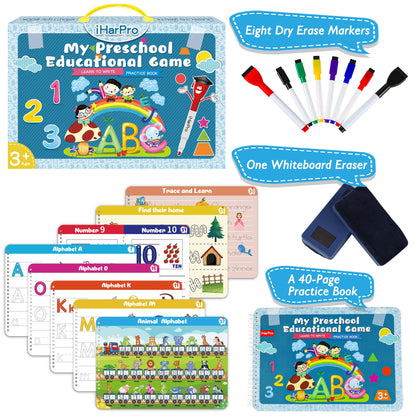 Handwriting Practice Tracing Books for Kids Ages 3-5, Montessori Preschool Learning Activity, Autism Educational Learn Number Letters Shapes Animal & Sight Words Workbook with 8 Dry Erase Markers
