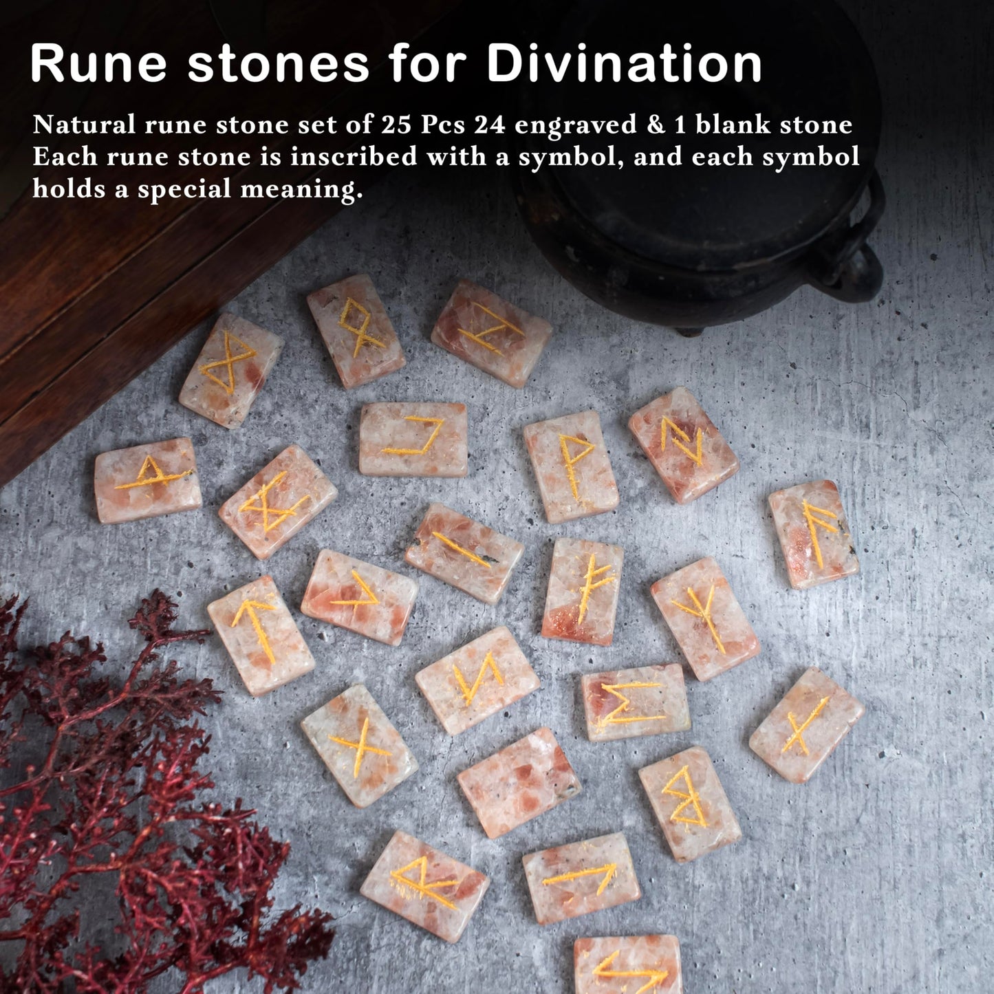 Crocon Sunstone rectangle shape gemstone runes with Elder Futhark Alphabet Engraved 25 pcs rune set Crystal Divination metaphysical Healing Chakra Reiki runes set with a pouch Size : 2025mm