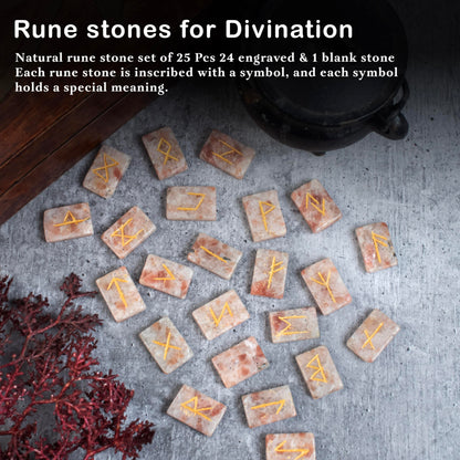 Crocon Sunstone rectangle shape gemstone runes with Elder Futhark Alphabet Engraved 25 pcs rune set Crystal Divination metaphysical Healing Chakra Reiki runes set with a pouch Size : 2025mm